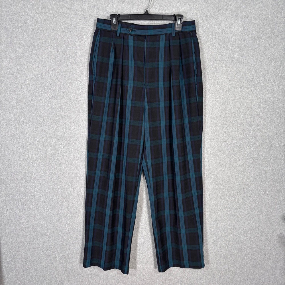 ASOS Pleated Wide Leg Pants 34x30 Teal‎ Tartan Plaid Trouser Loud Luxury Career